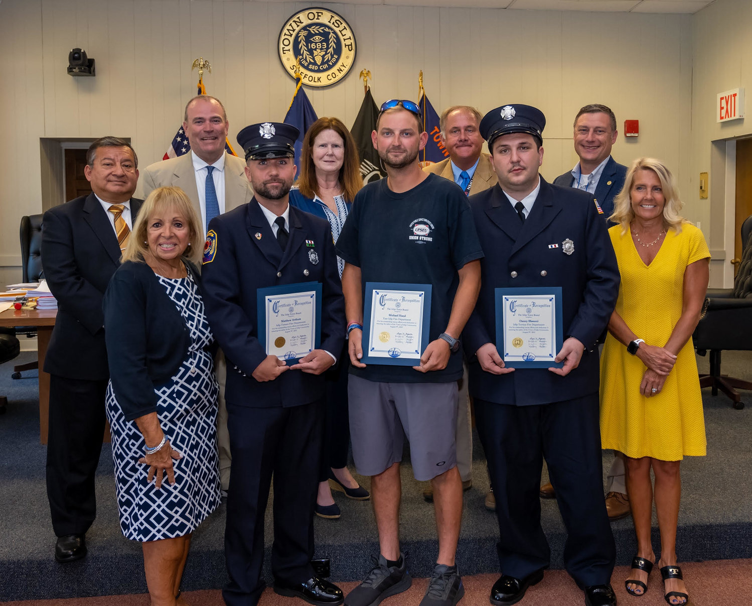 Angie Carpenter at the monthly Islip Town Board Meeting. Members of the Islip Terrace and East Islip Fire Departments were awarded Certificates of Recogmition.